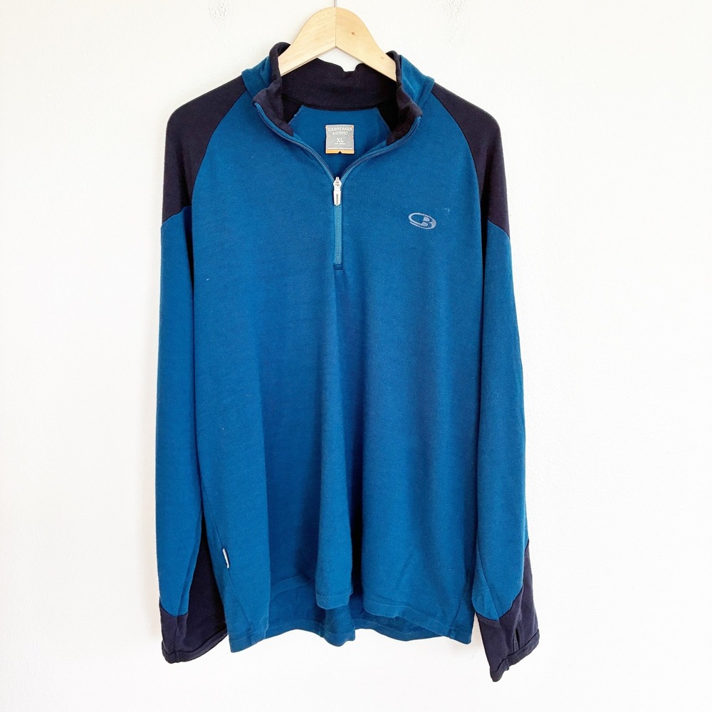 Icebreaker 1/4 Zip Pullover Mens XL Blue Merino Wool Thumbhole Base Layer